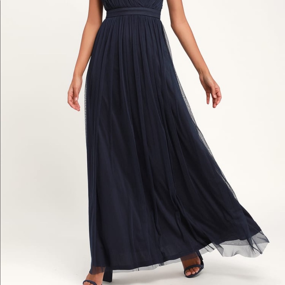 Lulus Romantic Moment Navy Blue Mesh Maxi Dress - Picture 5 of 10